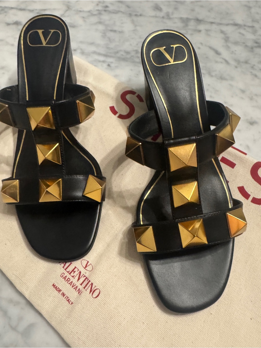 Valentino Black Leather Slide Mules with Gold Pyramid Studs - Picture 2 of 6